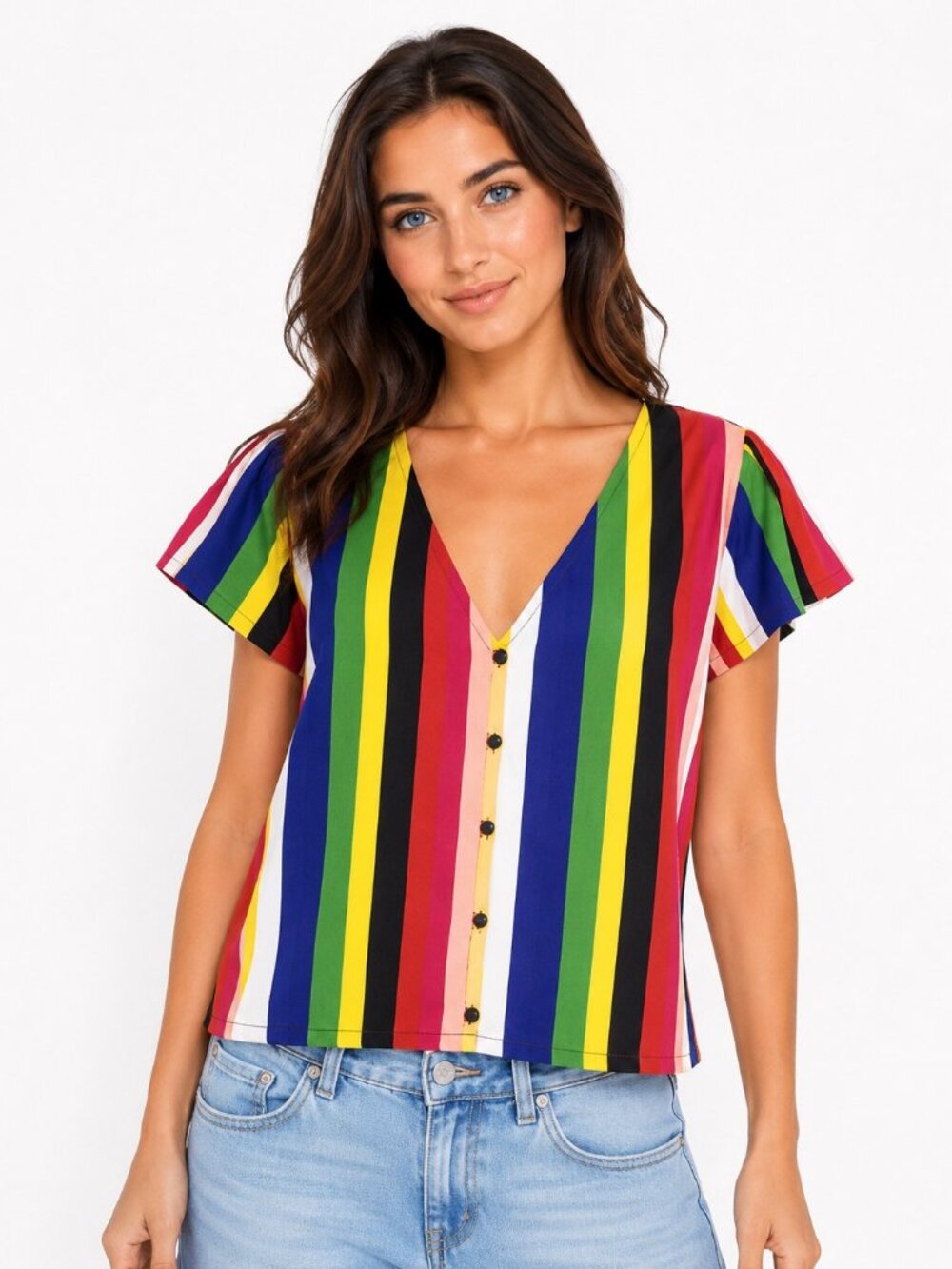 Vintage Charlotte Russe Rainbow Stripe Button Front Blouse Y2K Retro Sz S